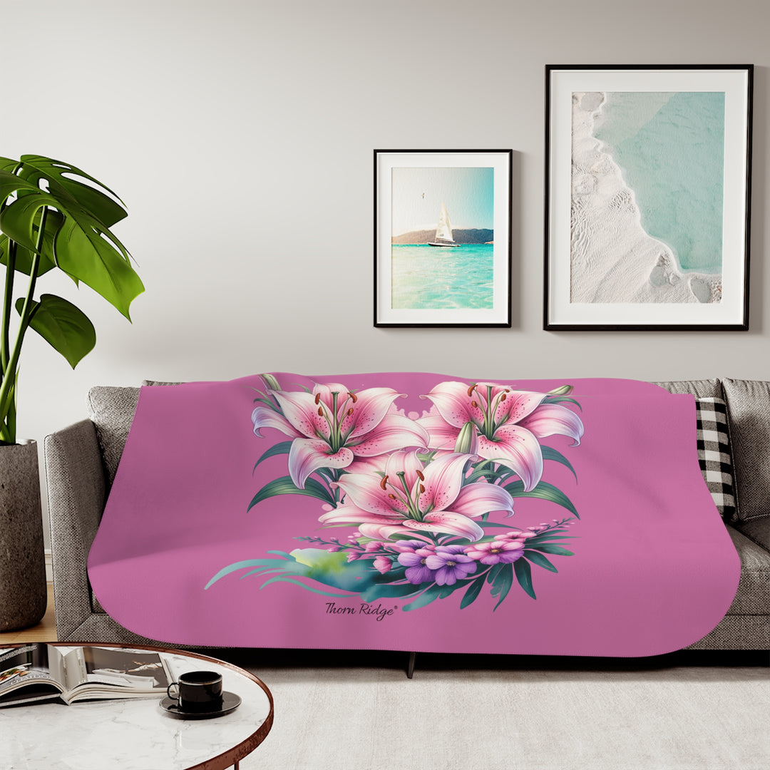 Three Lillies illustraton in pink on a pink sherpa blanket by Thorn Ridge®