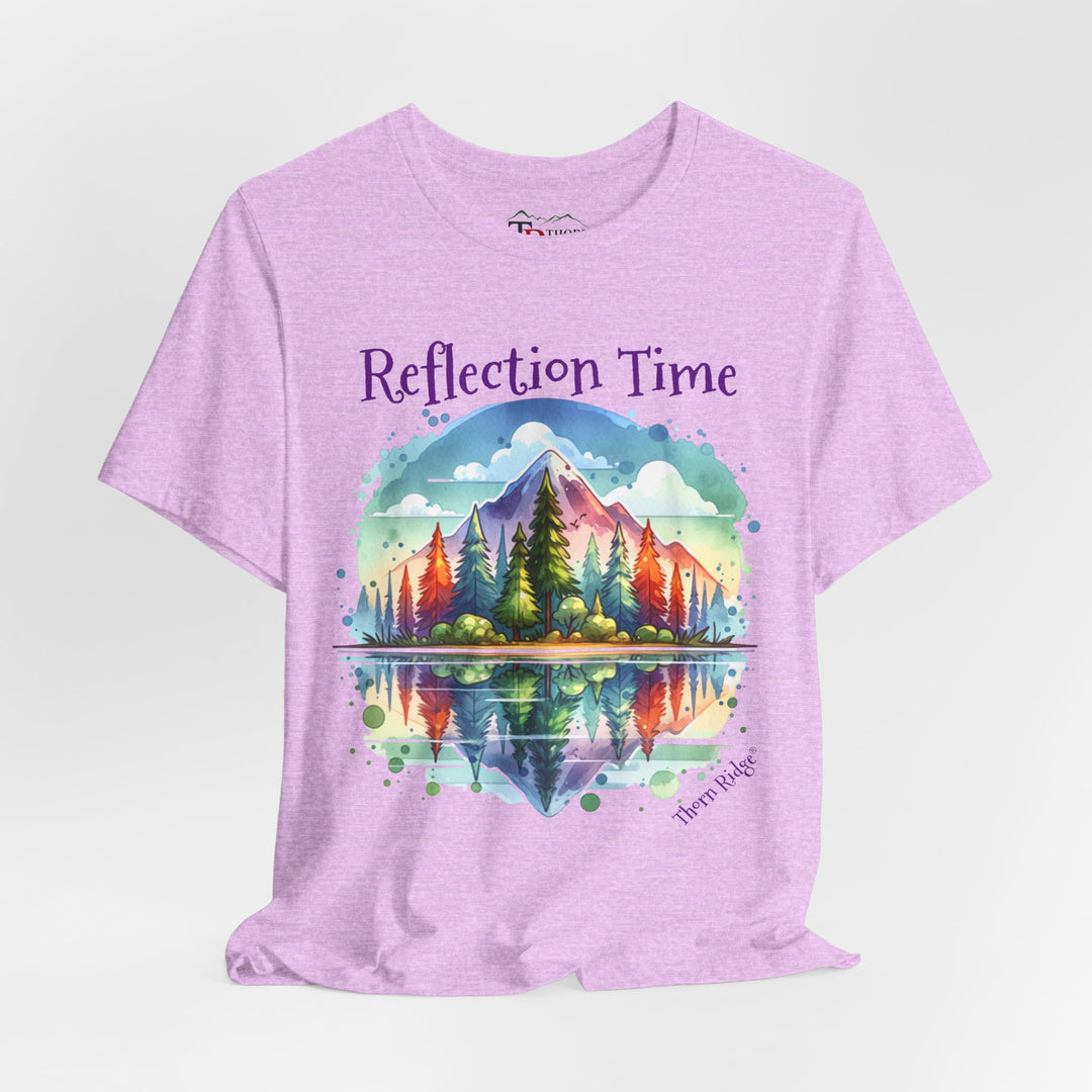t-shirt with 'Reflection Time' graphic design featuring a mountain and lake scene labeled Thorn Ridge®