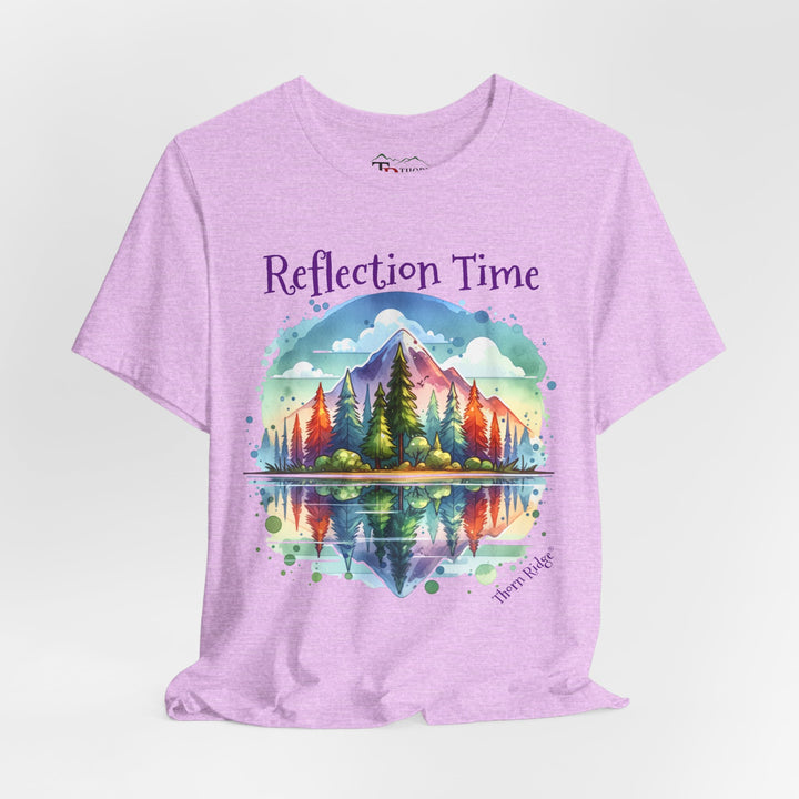 t-shirt with 'Reflection Time' graphic design featuring a mountain and lake scene labeled Thorn Ridge®