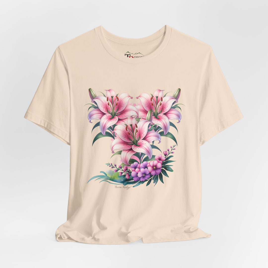 t-shirt with pink floral design of three lillies branded to Thorn Ridge®
