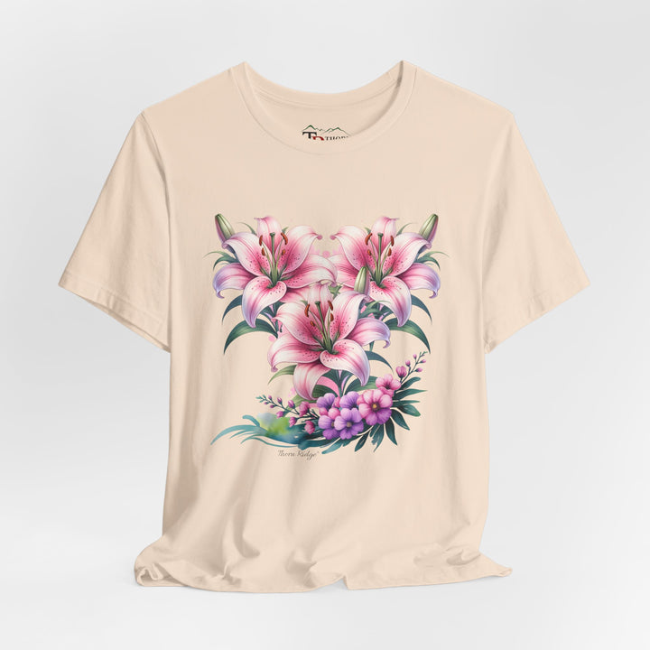 t-shirt with pink floral design of three lillies branded to Thorn Ridge®