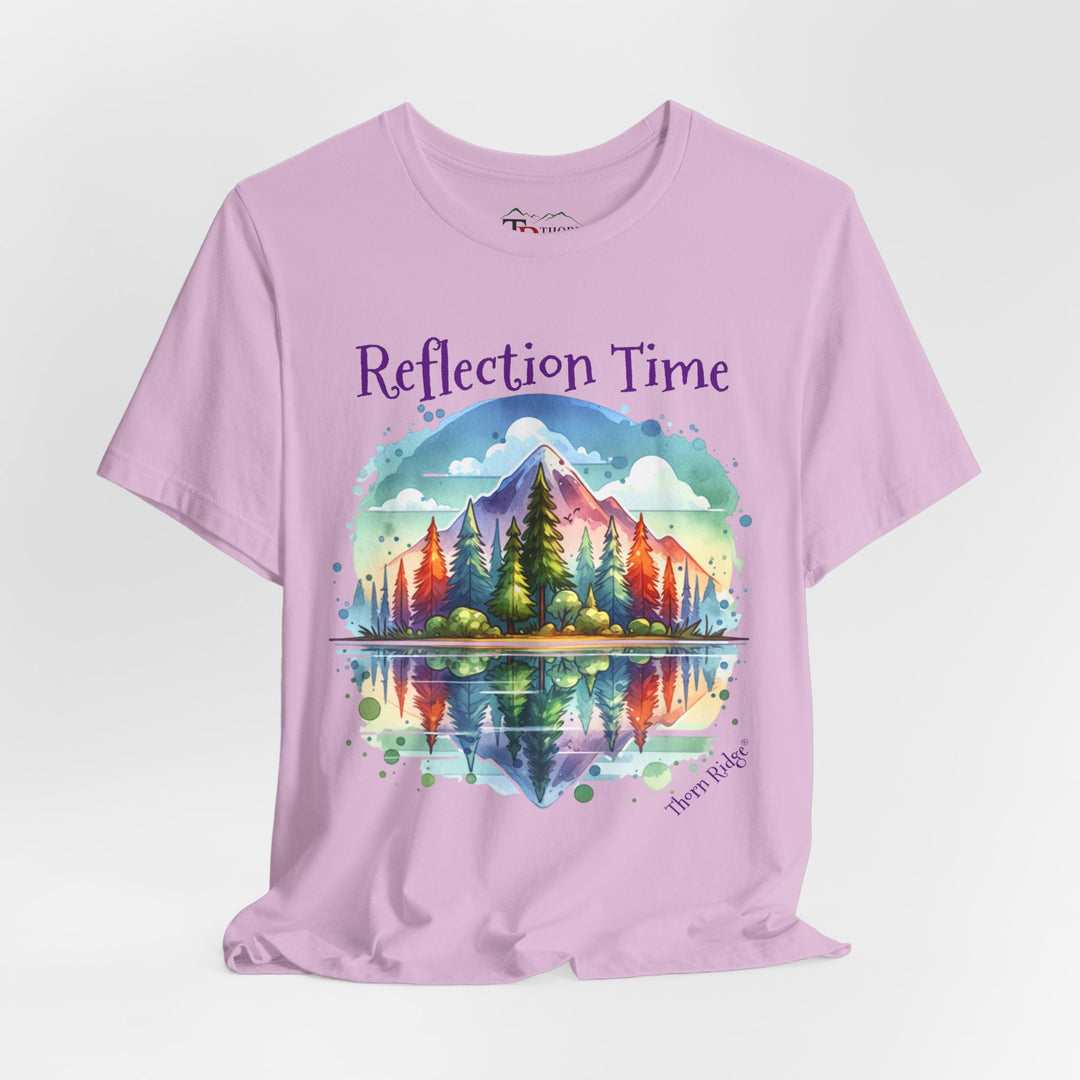 t-shirt with 'Reflection Time' graphic design featuring a mountain and lake scene labeled Thorn Ridge®
