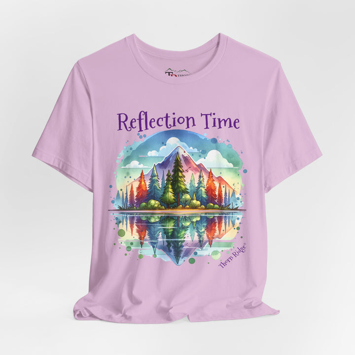 t-shirt with 'Reflection Time' graphic design featuring a mountain and lake scene labeled Thorn Ridge®