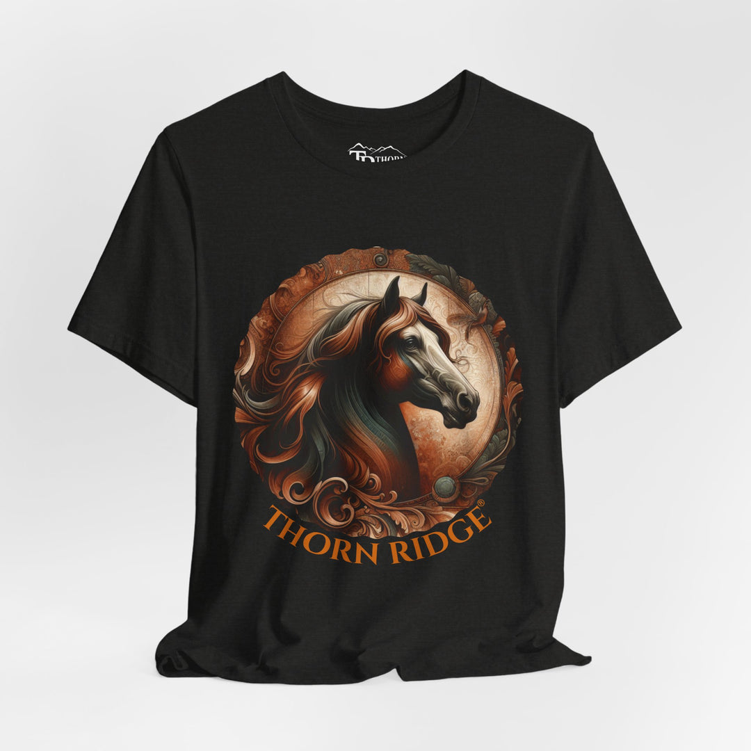 elegant horse head circular graphic  in brown tones t-shirt labeled Thorn Ridge®
