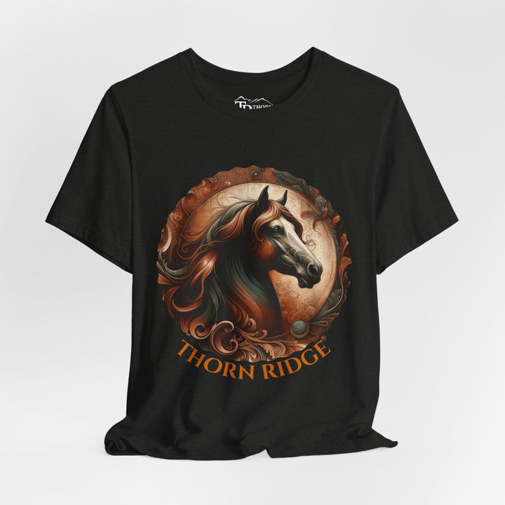 elegant horse head circular graphic  in brown tones t-shirt labeled Thorn Ridge®