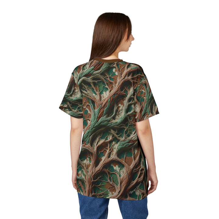 camo inspired colored T-shirt with intricate root pattern labeled Thorn Ridge®