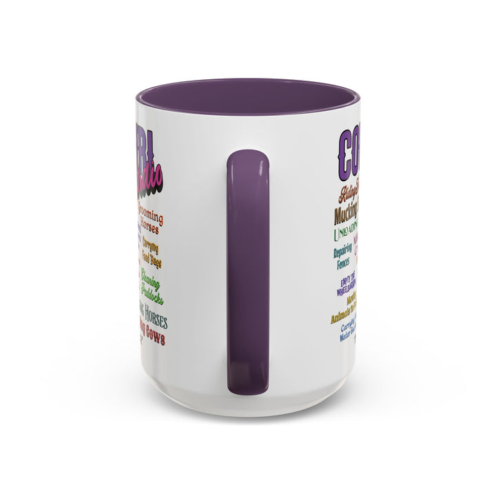 Mug with 'Cowgirl Cardio' text and purple handle on a white background