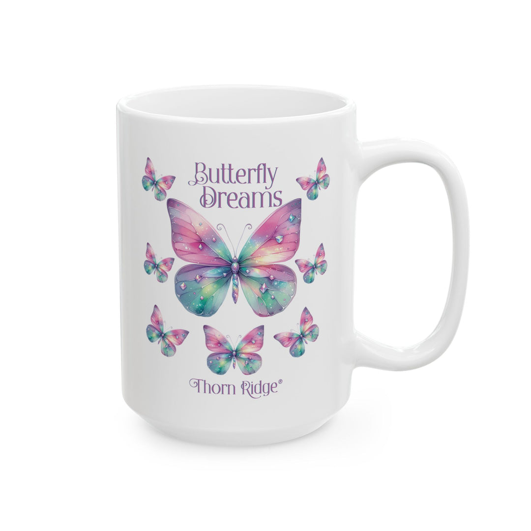 White mug with colorful butterfly design and 'Butterfly Dreams' text by Thorn Ridge®