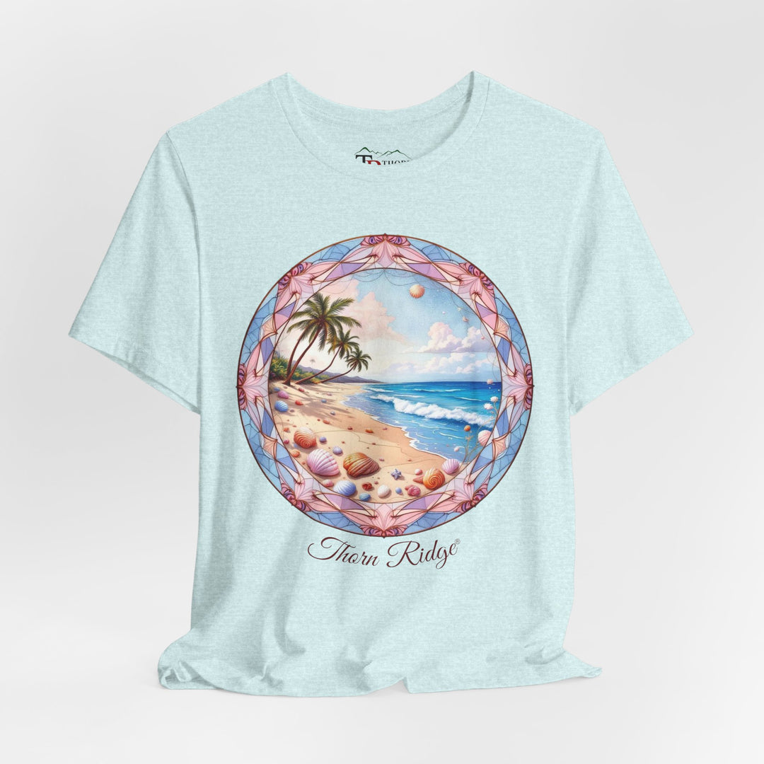 t-shirt with a beach scene graphic and 'Thorn Ridge' branding 
