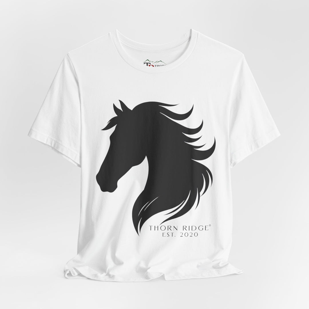 t-shirt with black horse silhouette and 'Thorn Ridge' branding 