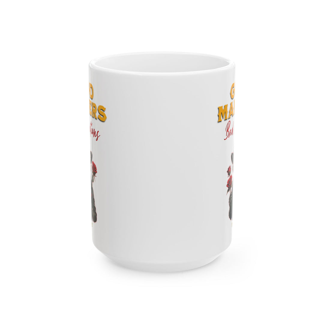 Thorn Ridge® Mug with a fox character holding roses and text 'Good Manners Bad Intentions' on a white background