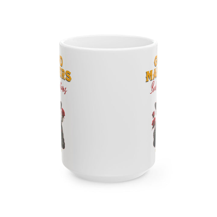 Thorn Ridge® Mug with a fox character holding roses and text 'Good Manners Bad Intentions' on a white background