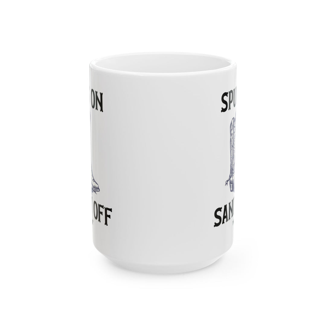 White mug with cowboy boots and text Spurs On Sanity Off by Thorn Ridge®