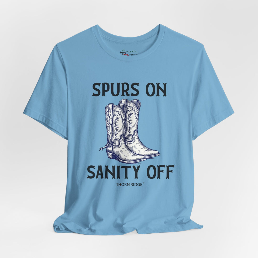 spurs on sanity off graphic tee with cowboy boots labeled Thorn Ridge®