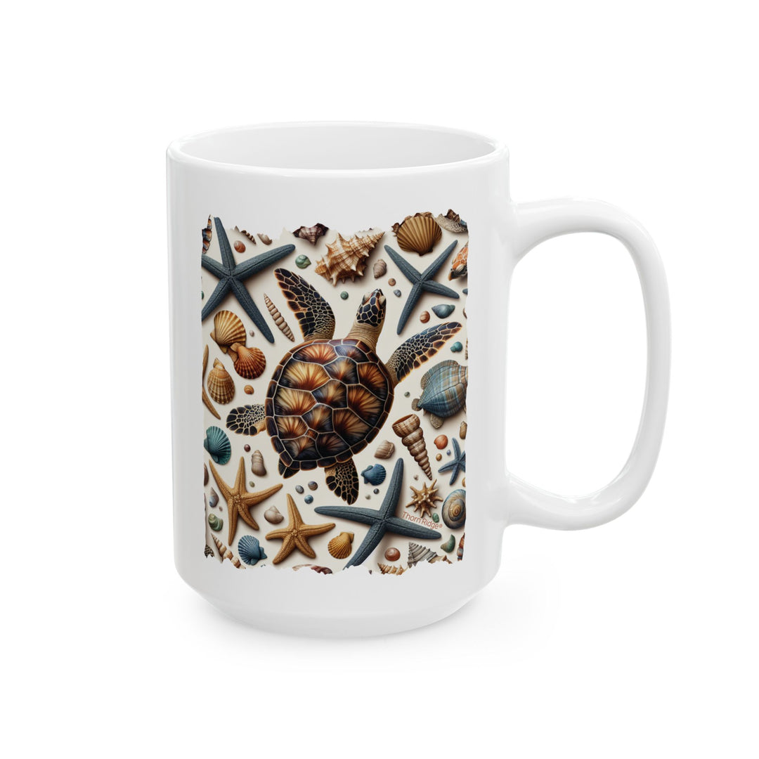 White mug with a sea-themed design featuring a turtle, starfish, and shells by Thorn Ridge®