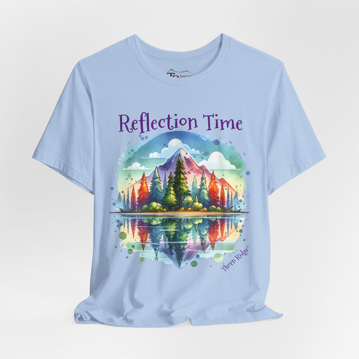 t-shirt with 'Reflection Time' graphic design featuring a mountain and lake scene labeled Thorn Ridge®