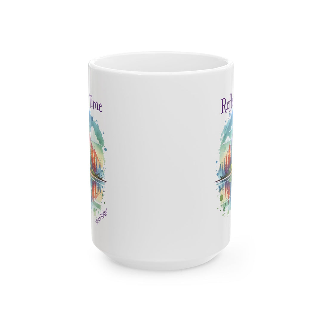 White mug with a colorful nature scene and 'Reflection Time' text by Thorn Ridge®