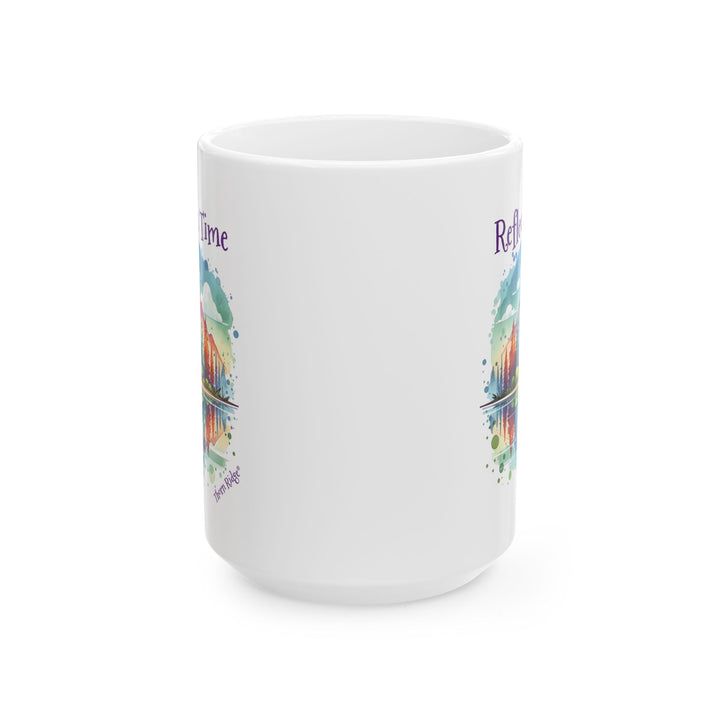 White mug with a colorful nature scene and 'Reflection Time' text by Thorn Ridge®
