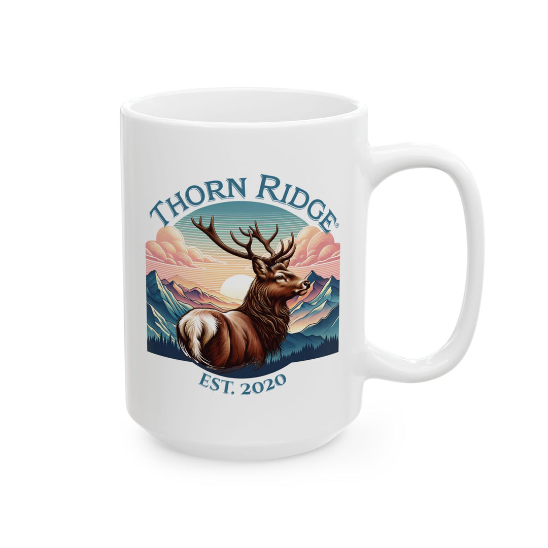 Guardian Buck mug by Thorn Ridge®. White mug with a deer and mountain design and 'Thorn Ridge' text on a white background