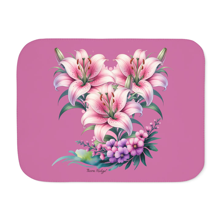 Three Lillies illustraton in pink on a pink sherpa blanket by Thorn Ridge®