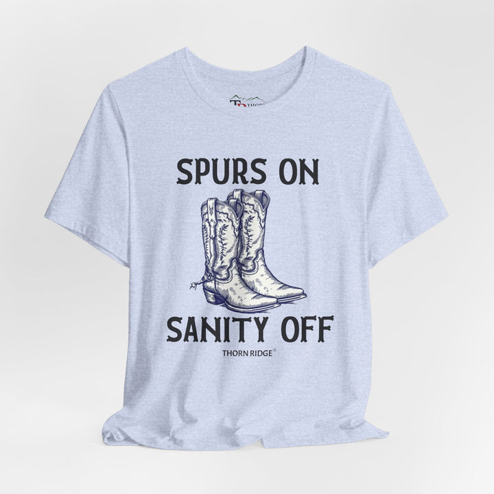 spurs on sanity off graphic tee with cowboy boots labeled Thorn Ridge®