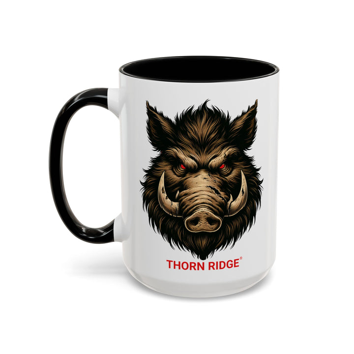 White mug with black interior and handle featuring a boar design and 'Thorn Ridge' text on a white background.