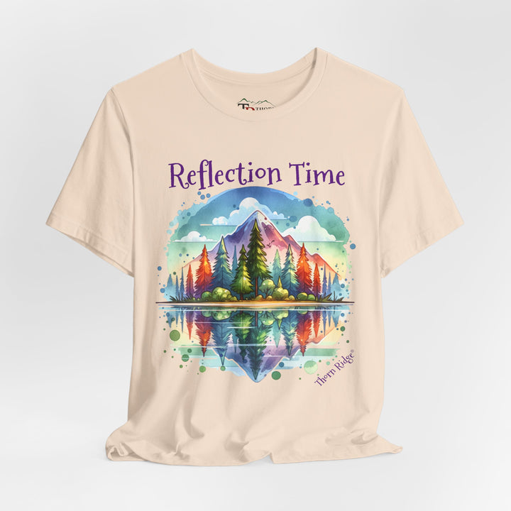 t-shirt with 'Reflection Time' graphic design featuring a mountain and lake scene labeled Thorn Ridge®