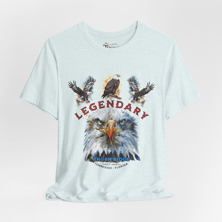 t-shirt with an eagle graphic and 'Legendary' text with three eagles above it