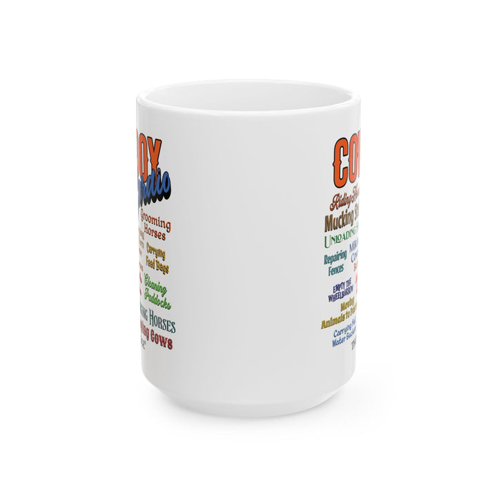 Cowboy Cardio mug with colorful text listing cowboy chores on a white background by Thorn Ridge®