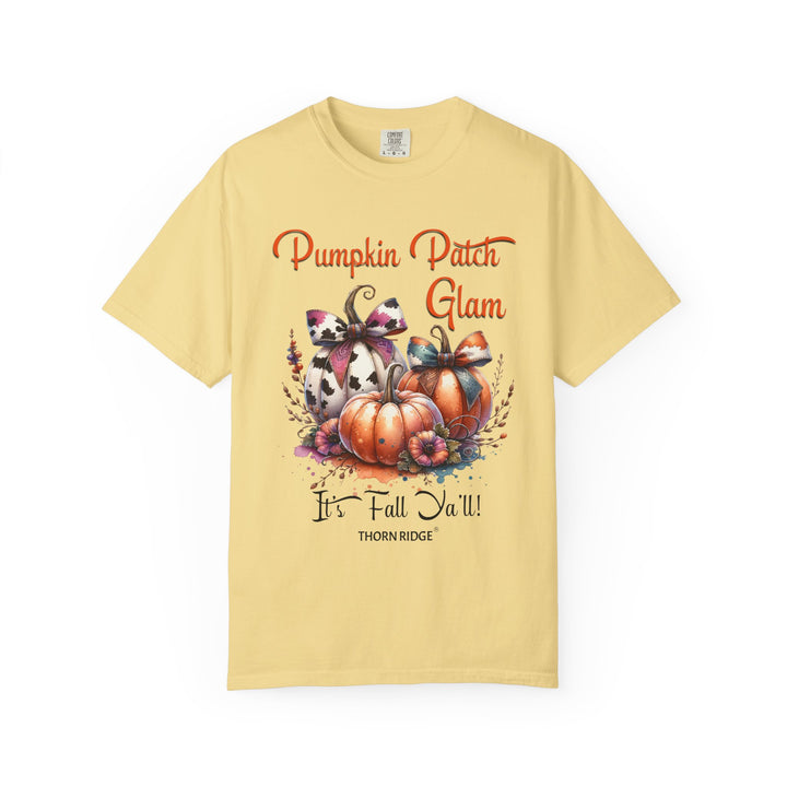 Pumpkin Patch Glam graphic tee with pumpkins wearing cow print bows labeled Thorn Ridge®