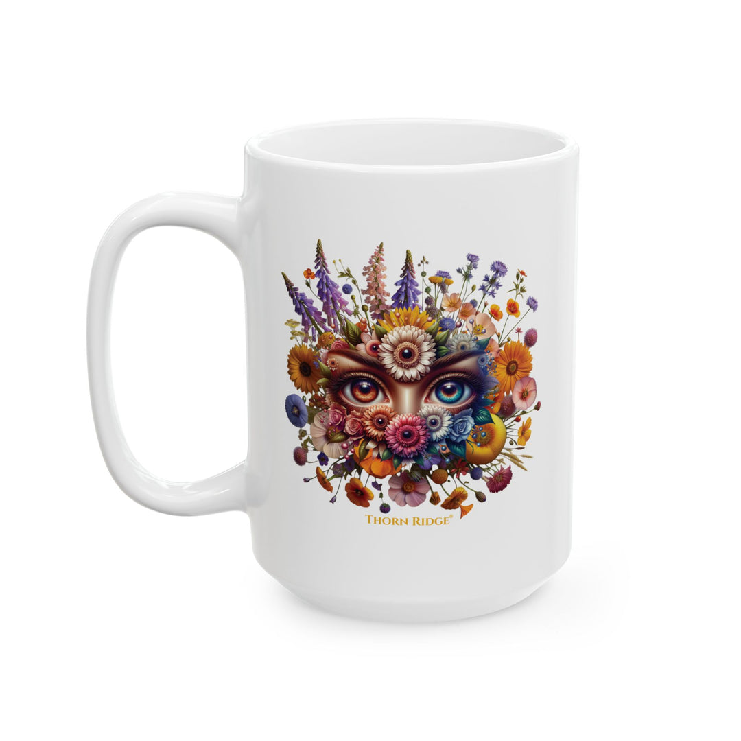 White mug You've Been Gazed with a colorful floral design with eyes gazing out at you from the middle of the flowers and 'Thorn Ridge' branding on a white background