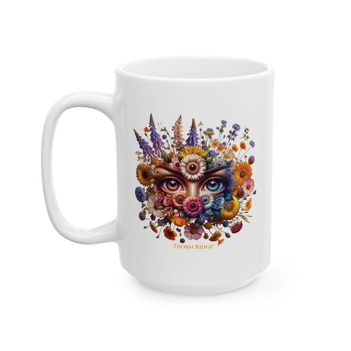 White mug You've Been Gazed with a colorful floral design with eyes gazing out at you from the middle of the flowers and 'Thorn Ridge' branding on a white background