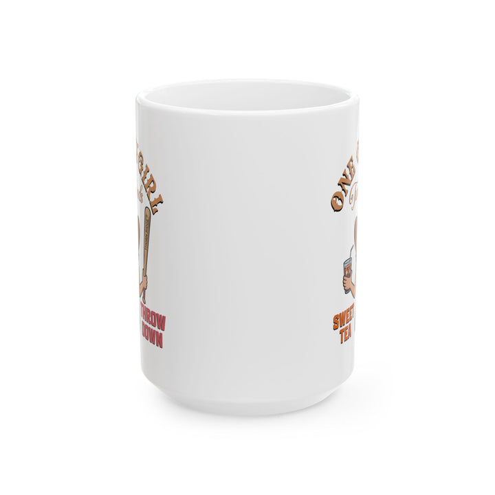White mug by Thorn Ridge® with a graphic of a cowgirl holding a drink and a bat, with text 'One Cow Girl Two Moods Sweet Tea Throw Down' on a white background.