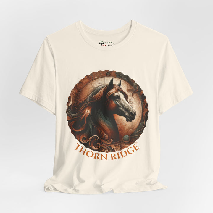 elegant horse head circular graphic  in brown tones t-shirt labeled Thorn Ridge®