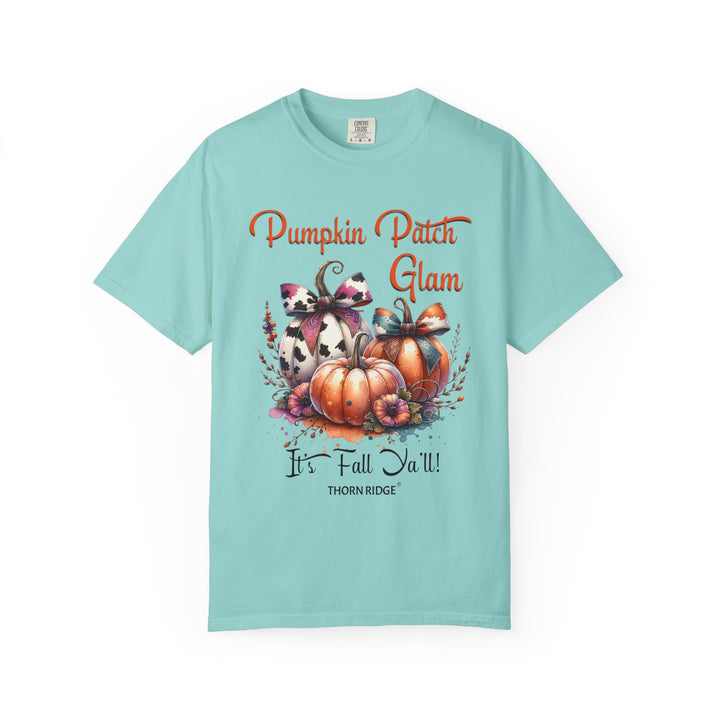 Pumpkin Patch Glam graphic tee with pumpkins wearing cow print bows labeled Thorn Ridge®