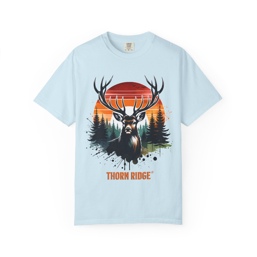 Buck At Sunset Tee labeled Thorn Ridge®