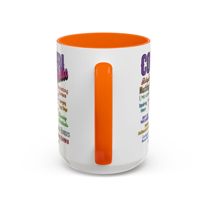 Mug with 'Cowgirl Cardio' text and orange handle on a white background
