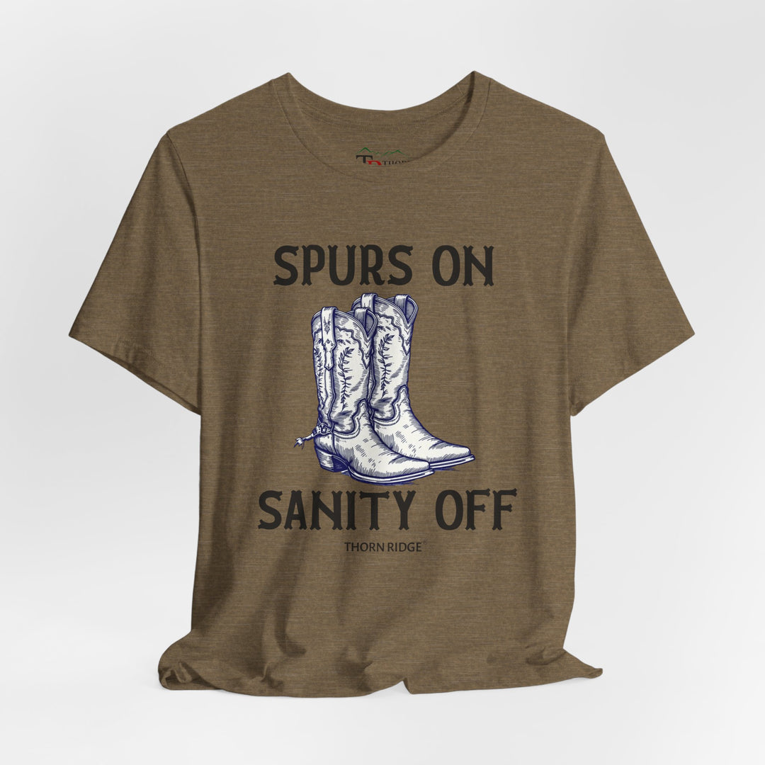 spurs on sanity off graphic tee with cowboy boots labeled Thorn Ridge®