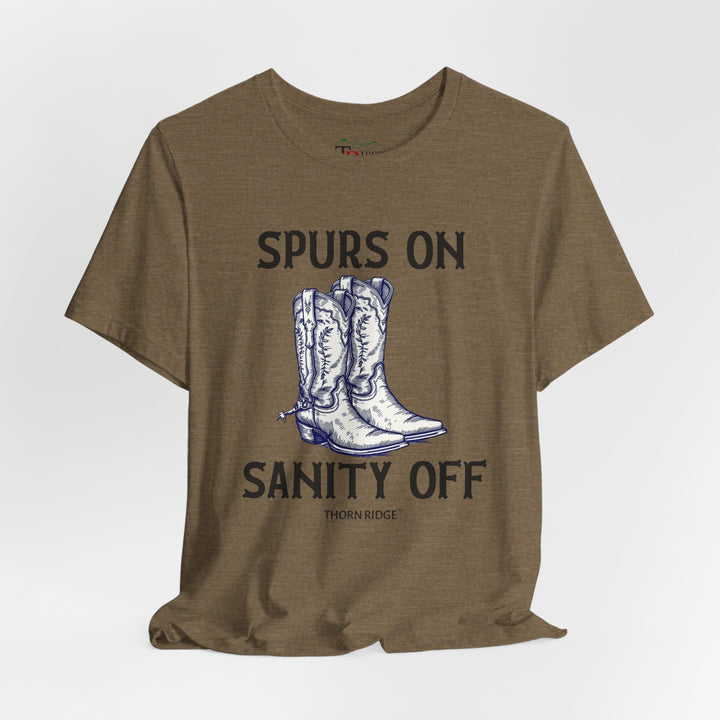 spurs on sanity off graphic tee with cowboy boots labeled Thorn Ridge®