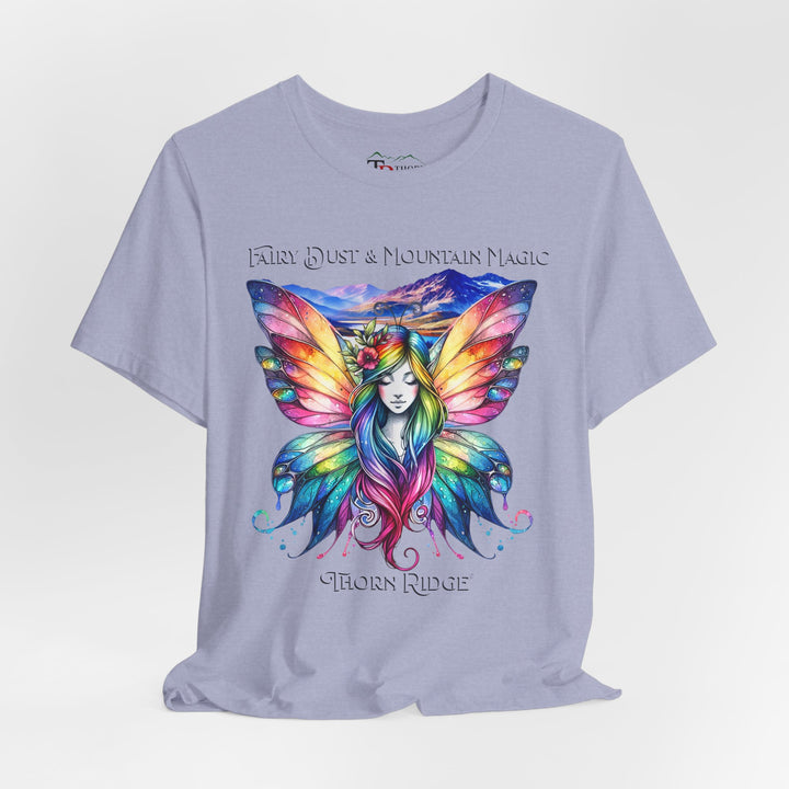 Fairy Dust and Mountain Magic graphic tee with a winged fairy in the front and mountains in the background labeled Thorn Ridge®