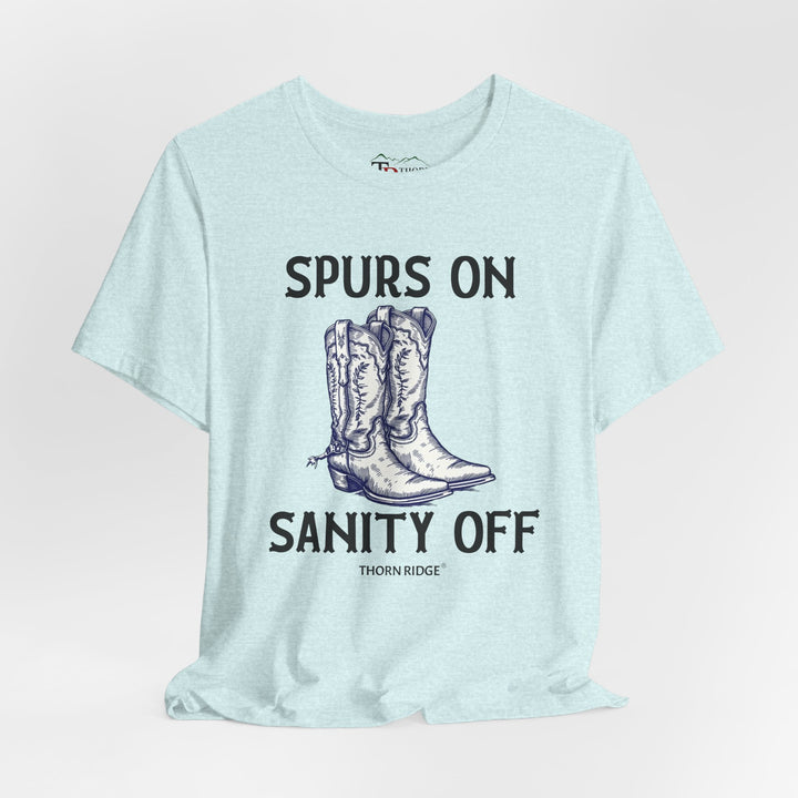 spurs on sanity off graphic tee with cowboy boots labeled Thorn Ridge®