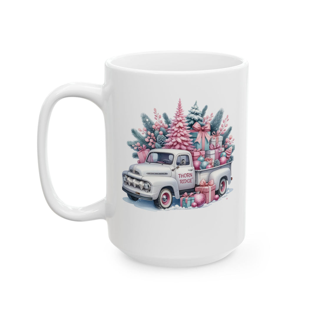 White mug by Thorn Ridge® with a vintage Christmas truck design featuring trees and presents in pink and teal colors on a white background
