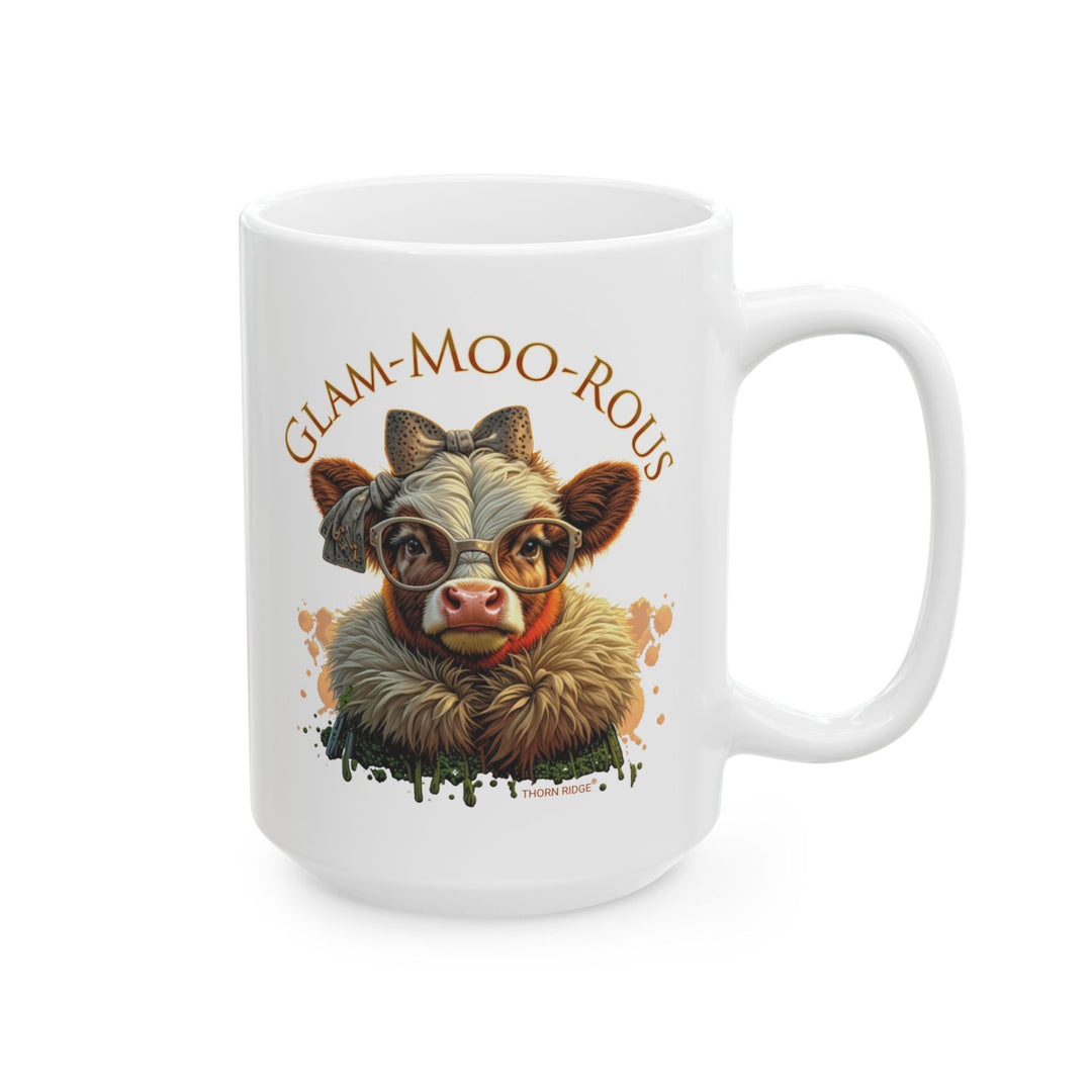 Thorn Ridge® Mug with a cow wearing glasses and fur colored jacket in brown tones and the text 'GLAM-MOO-ROUS' on a white background.