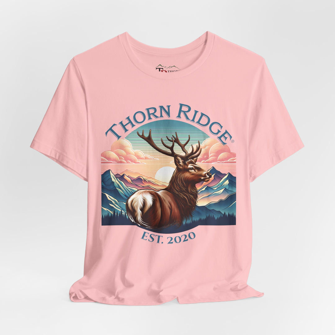 Guardian Buck Tee of a white tailed buck looking out across the mountains labeled Thorn Ridge®