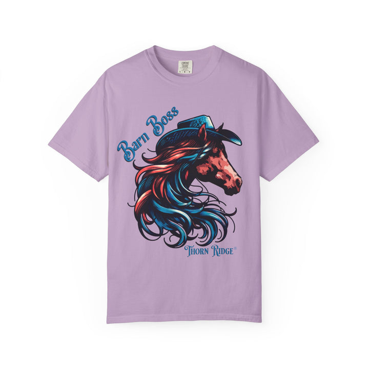 t-shirt with a horse head wearing a cowboy hat graphic labeled Barn Boss and Thorn Ridge