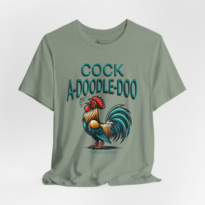 t-shirt with colorful rooster graphic and 'Cock A-Doodle-Doo' text labeled Thorn Ridge®