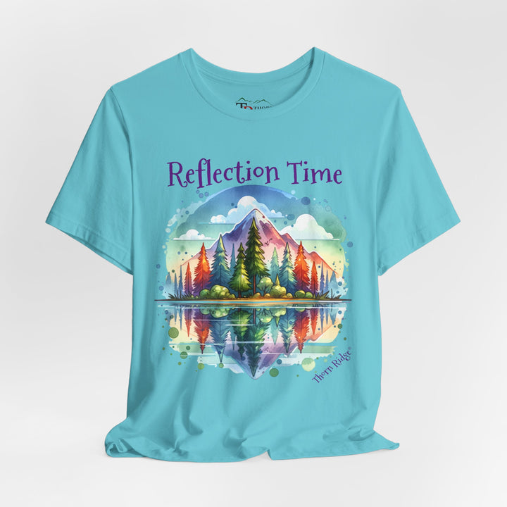t-shirt with 'Reflection Time' graphic design featuring a mountain and lake scene labeled Thorn Ridge®