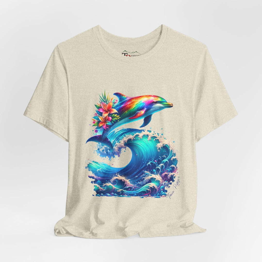 t-shirt with a colorful dolphin and wave design branded Thorn Ridge®