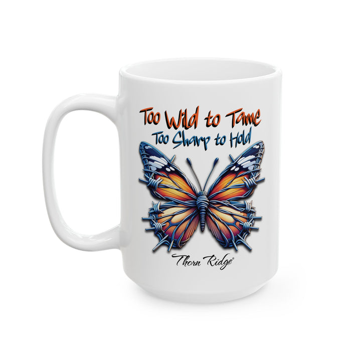 Too Wild to Tame Too Sharp to Hold butterfly design with barbed wire along the edges of the wings by Thorn Ridge®