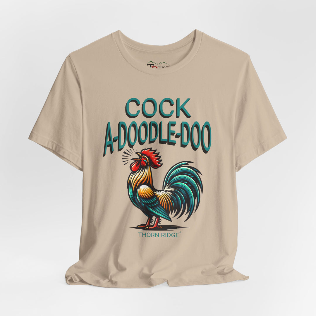 t-shirt with colorful rooster graphic and 'Cock A-Doodle-Doo' text labeled Thorn Ridge®